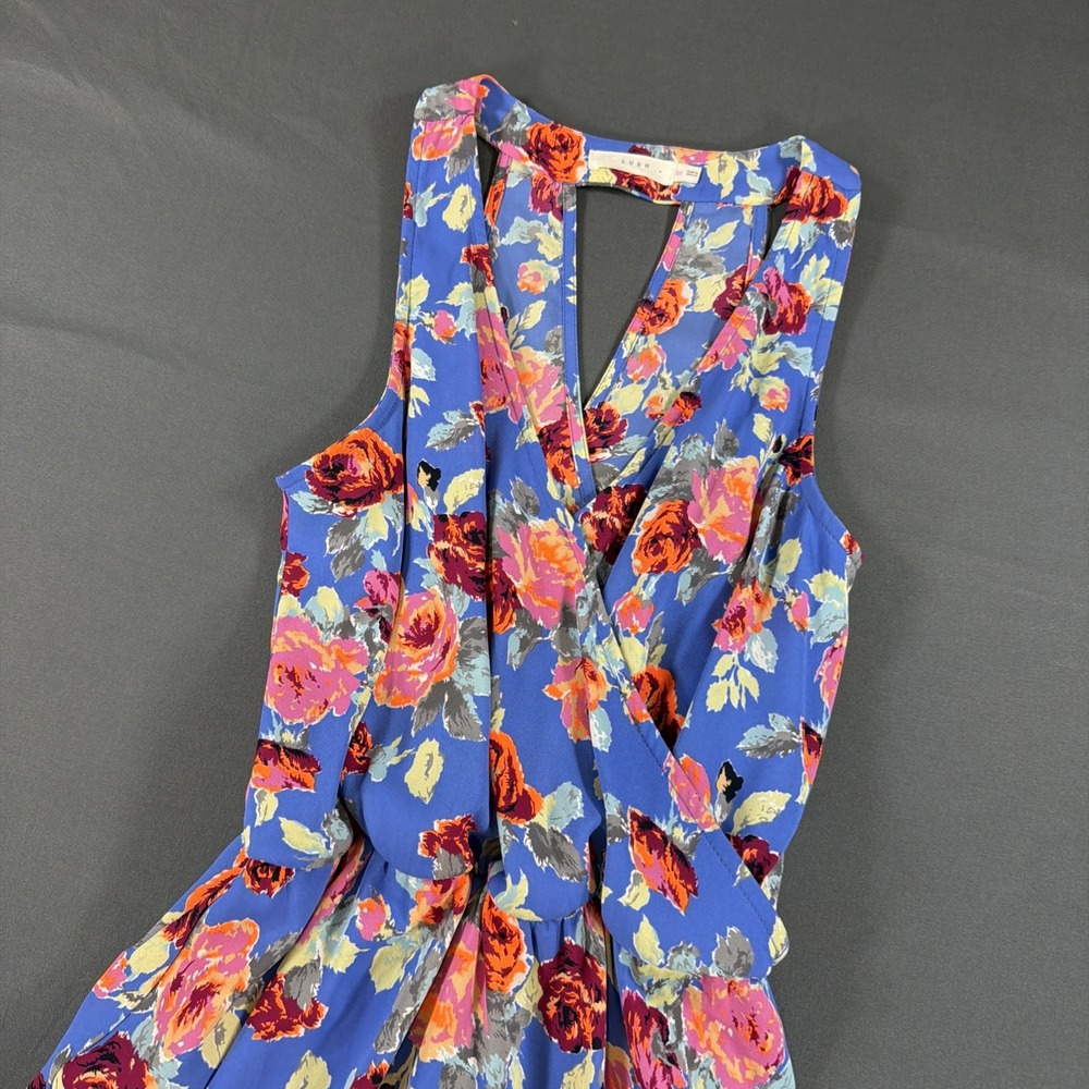 Lush blue sleeveless surplice top vibrant pink and orange floral rose print XS